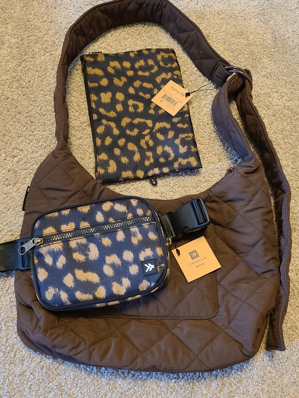 Thread & Supply Brown Quilted Crossbody with Leopard Print Pouches